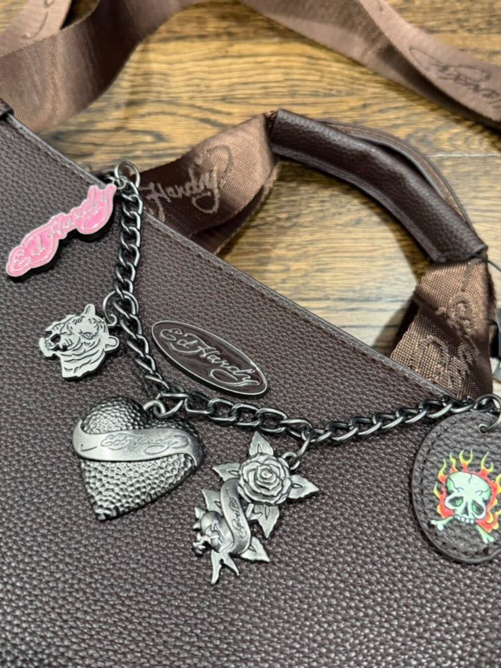 brown leather ed hardy shoulder bag with multiple charms tote y2k NWT - Picture 6 of 8
